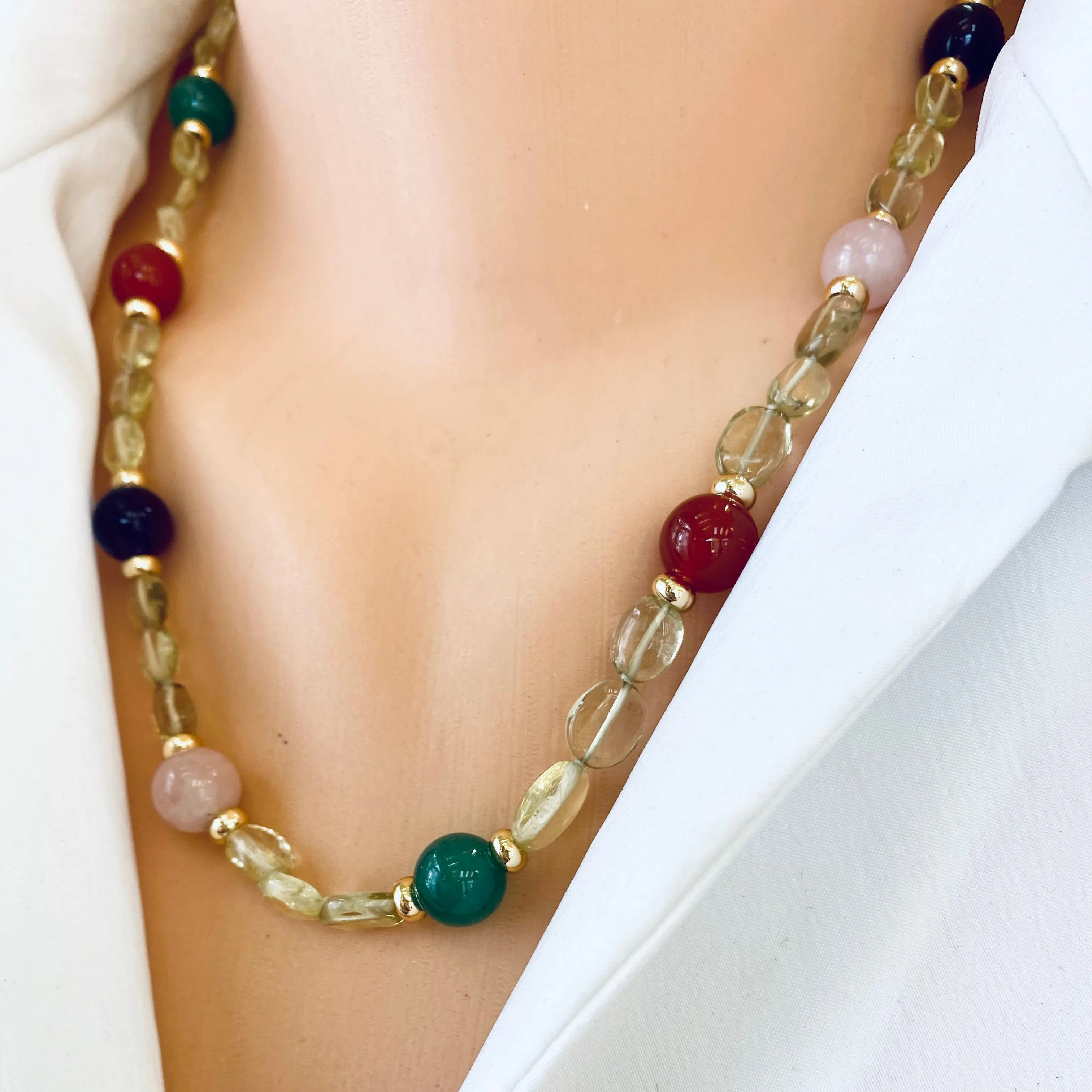 Prasiolite Bonbons Necklace w Rose Quartz, Green Jade, Amethyst & Carnelian Accent Beads, Gold Plated, 20in