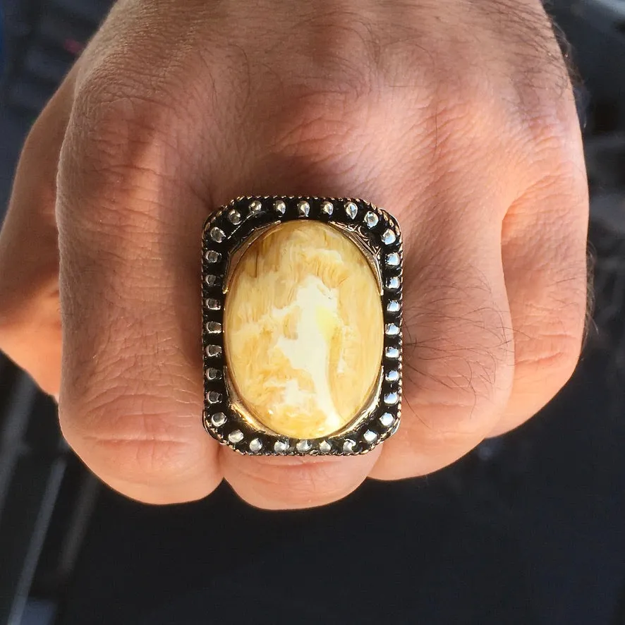 Sterling Silver Big Men's Ring Butterscotch Amber Unique Artisan Statement Jewelry