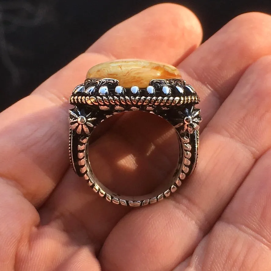 Sterling Silver Big Men's Ring Butterscotch Amber Unique Artisan Statement Jewelry