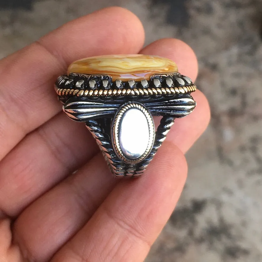 Sterling Silver Big Men's Ring Butterscotch Amber Unique Artisan Statement Jewelry