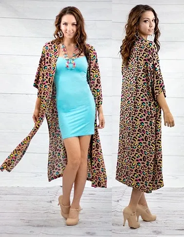 Tan duster with colorful leopard print