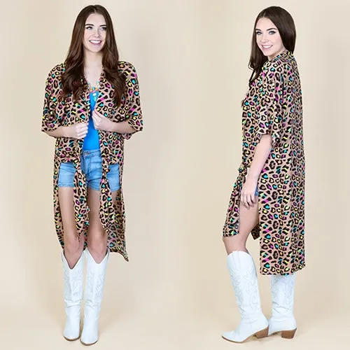 Tan duster with colorful leopard print